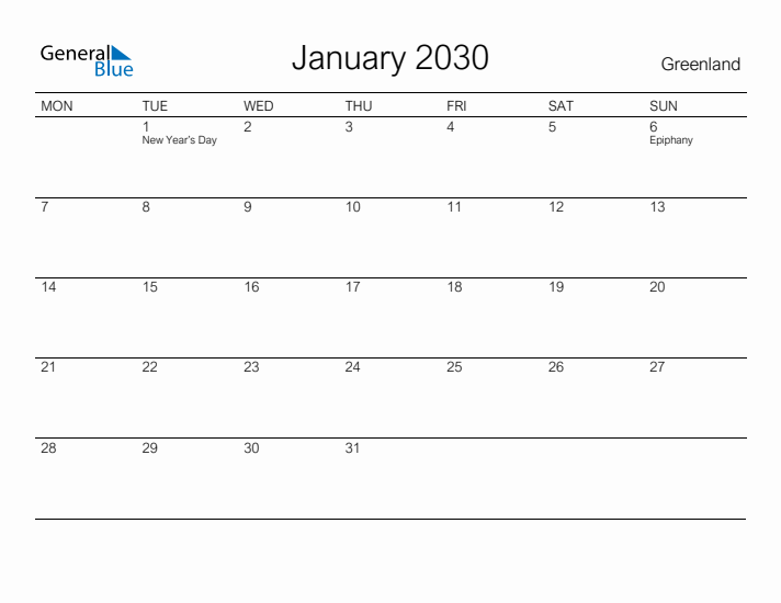 Printable January 2030 Calendar for Greenland