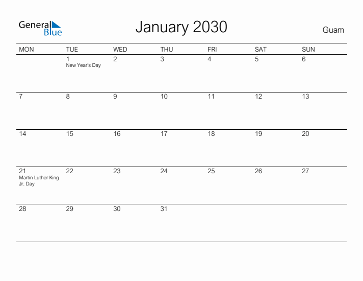 Printable January 2030 Calendar for Guam