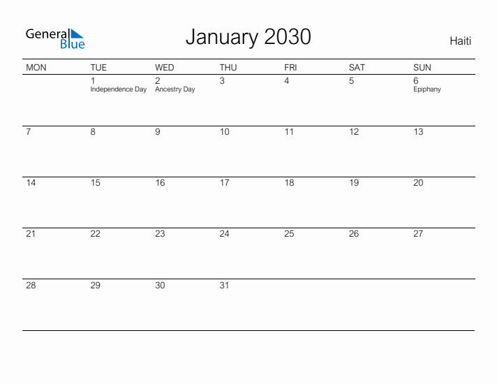 Printable January 2030 Calendar for Haiti