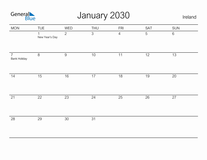 Printable January 2030 Calendar for Ireland
