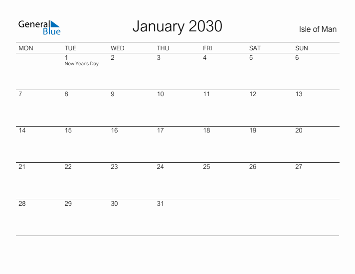 Printable January 2030 Calendar for Isle of Man