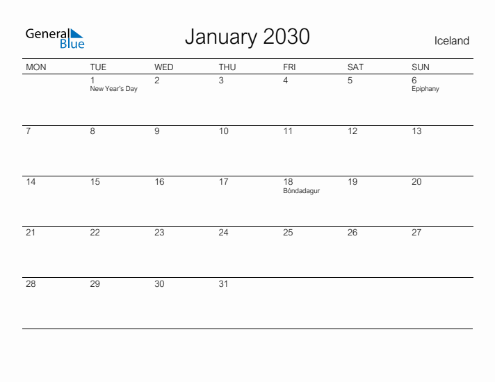Printable January 2030 Calendar for Iceland