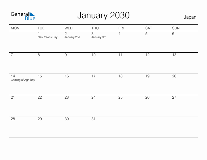 Printable January 2030 Calendar for Japan