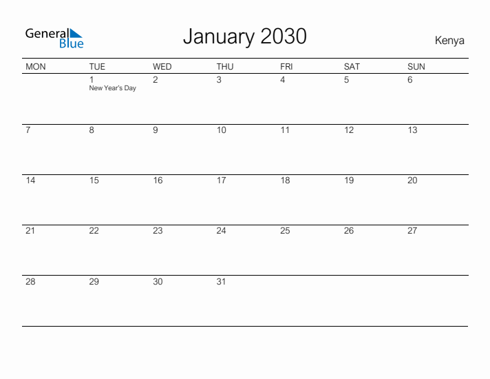 Printable January 2030 Calendar for Kenya