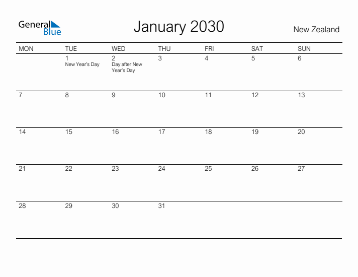 Printable January 2030 Calendar for New Zealand