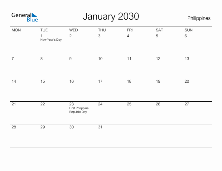 Printable January 2030 Calendar for Philippines
