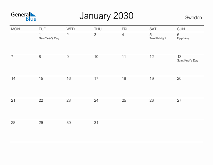 Printable January 2030 Calendar for Sweden