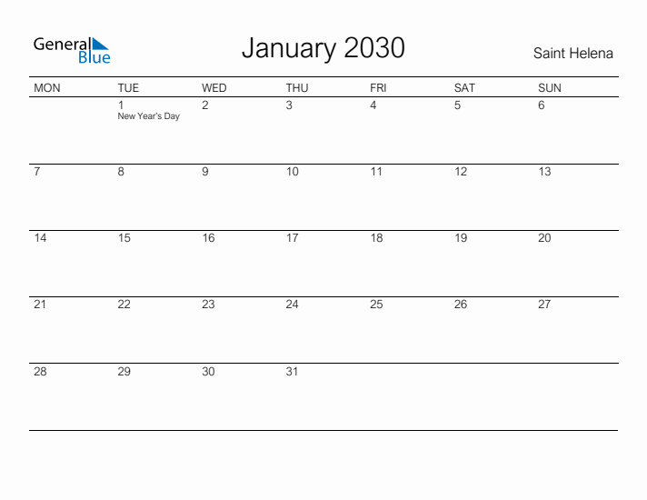Printable January 2030 Calendar for Saint Helena