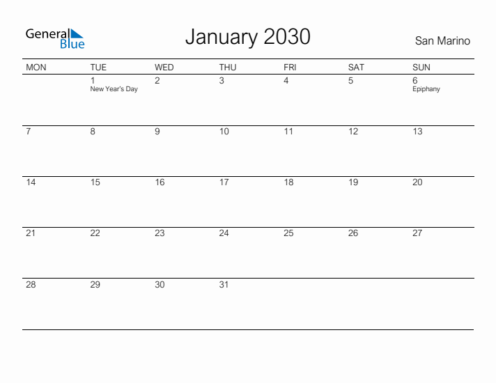 Printable January 2030 Calendar for San Marino