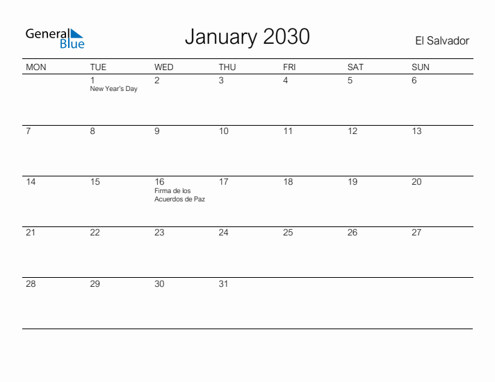 Printable January 2030 Calendar for El Salvador
