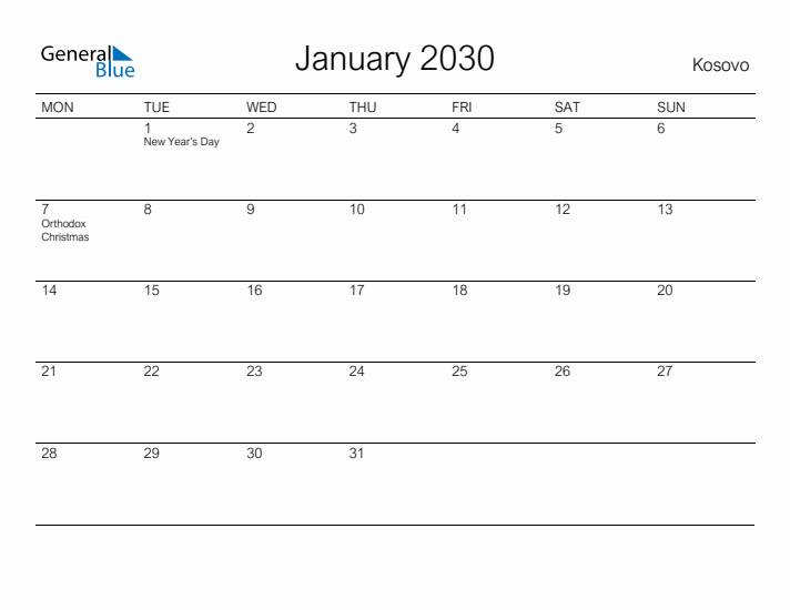 Printable January 2030 Calendar for Kosovo