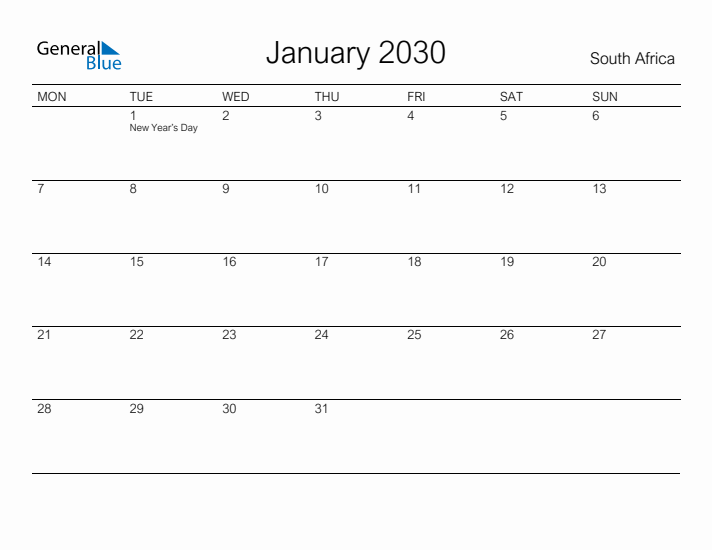 Printable January 2030 Calendar for South Africa