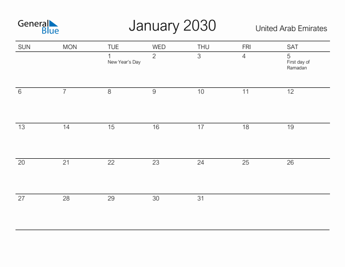 Printable January 2030 Calendar for United Arab Emirates