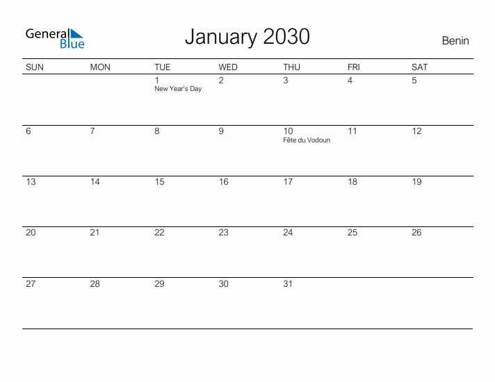 Printable January 2030 Calendar for Benin