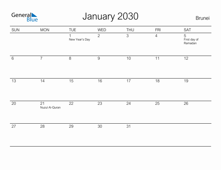 Printable January 2030 Calendar for Brunei