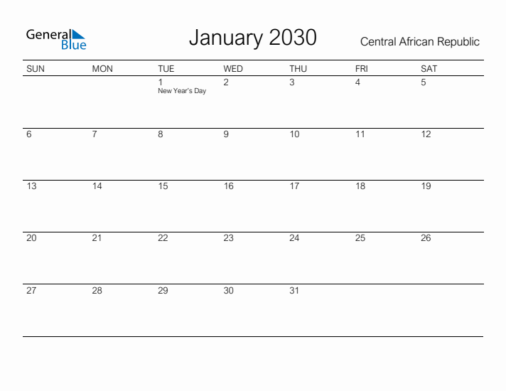 Printable January 2030 Calendar for Central African Republic