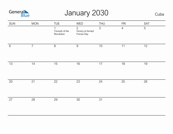 Printable January 2030 Calendar for Cuba