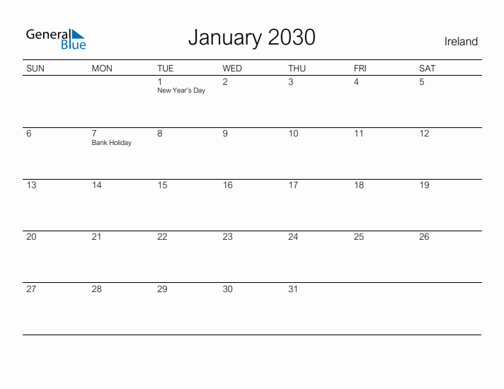 Printable January 2030 Calendar for Ireland