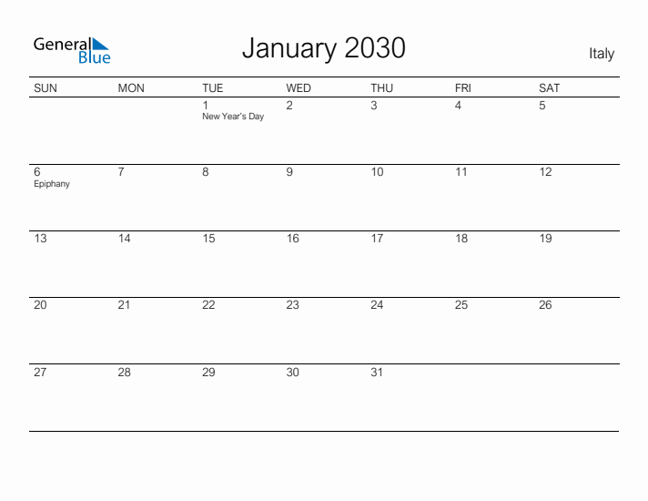 Printable January 2030 Calendar for Italy