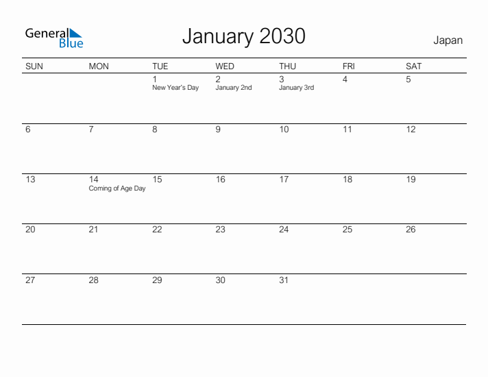 Printable January 2030 Calendar for Japan