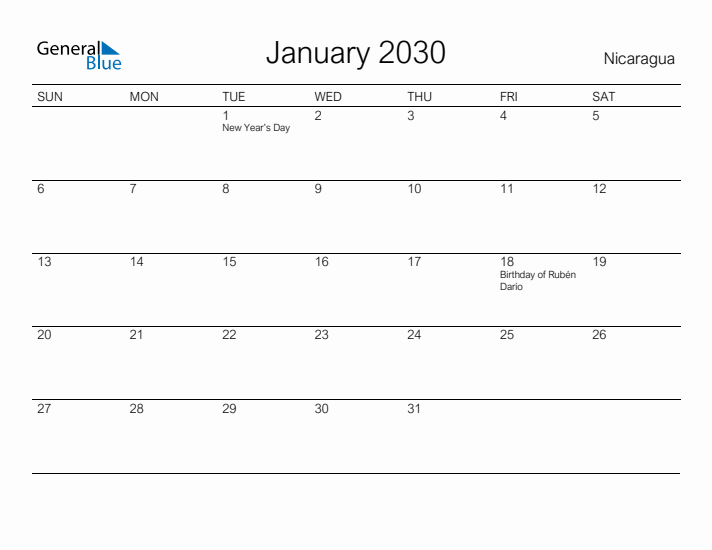 Printable January 2030 Calendar for Nicaragua