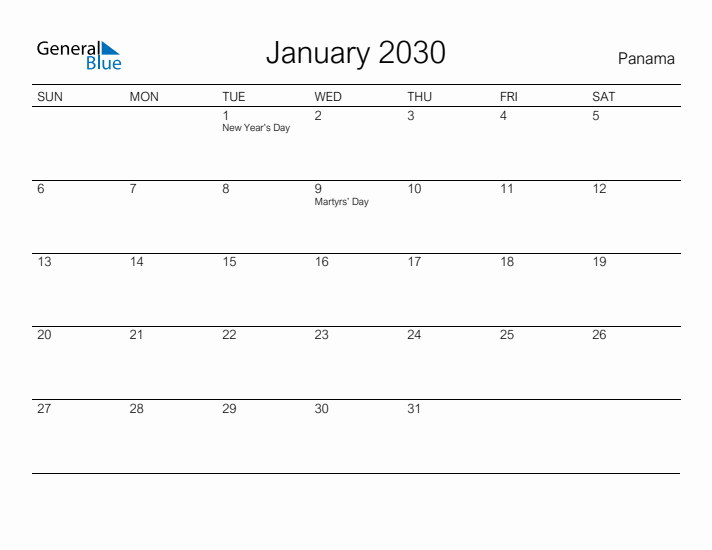 Printable January 2030 Calendar for Panama