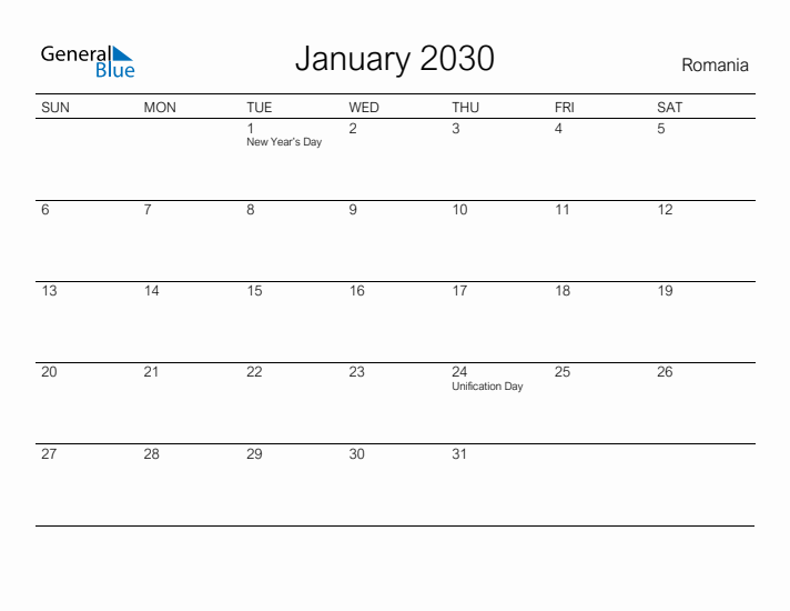 Printable January 2030 Calendar for Romania