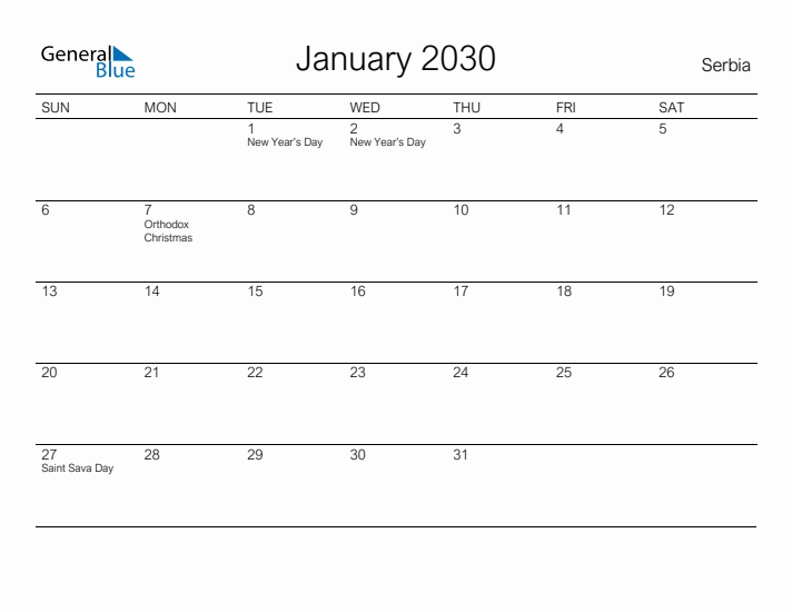 Printable January 2030 Calendar for Serbia