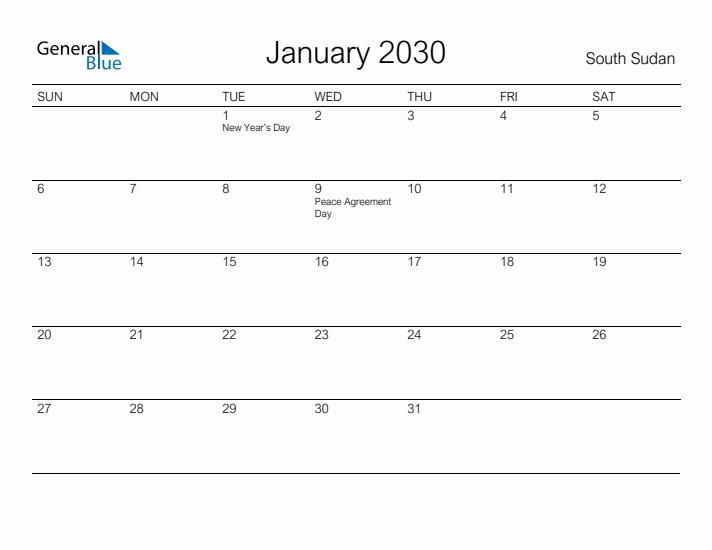 Printable January 2030 Calendar for South Sudan