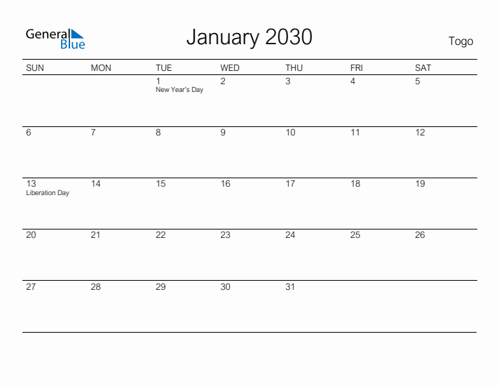 Printable January 2030 Calendar for Togo