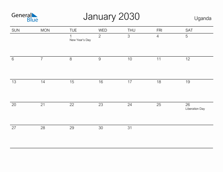 Printable January 2030 Calendar for Uganda