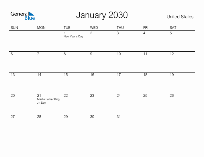 Printable January 2030 Calendar for United States