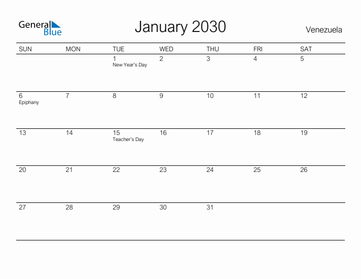 Printable January 2030 Calendar for Venezuela