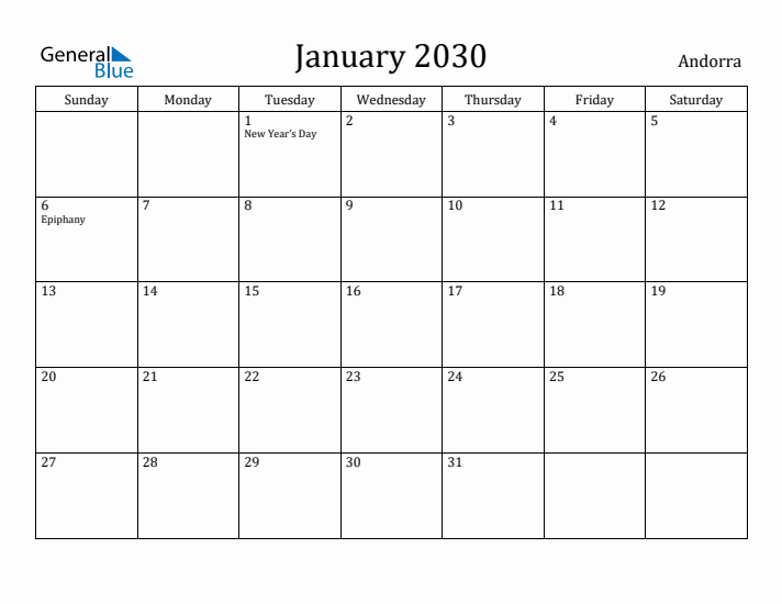 January 2030 Calendar Andorra