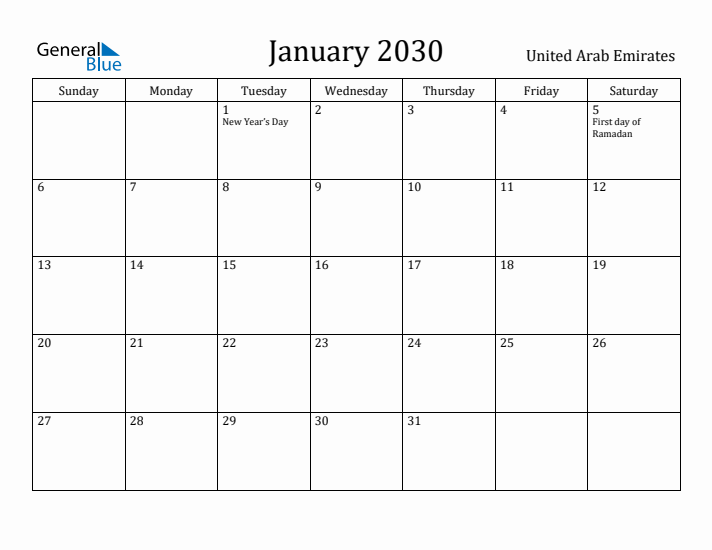 January 2030 Calendar United Arab Emirates