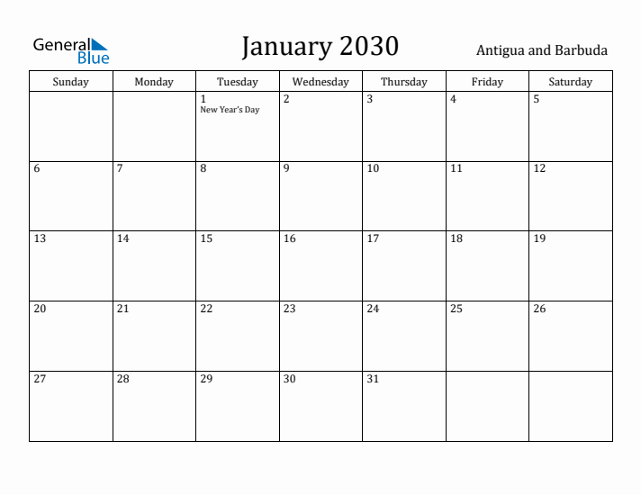January 2030 Calendar Antigua and Barbuda