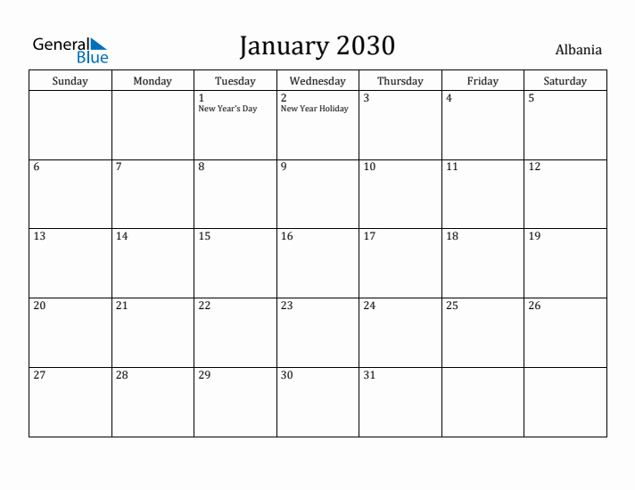 January 2030 Calendar Albania