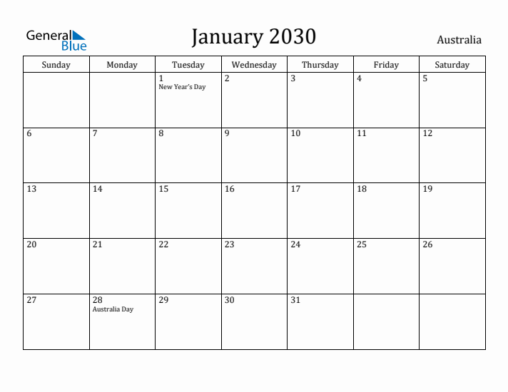 January 2030 Calendar Australia