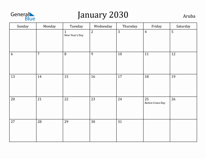 January 2030 Calendar Aruba
