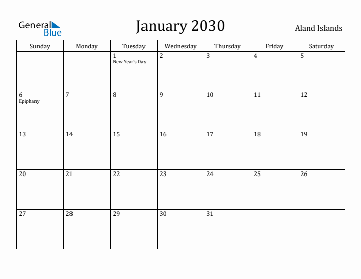 January 2030 Calendar Aland Islands