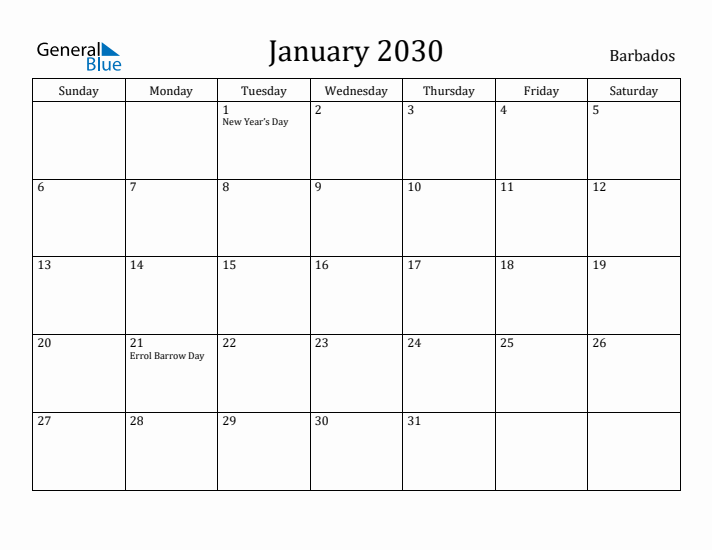 January 2030 Calendar Barbados