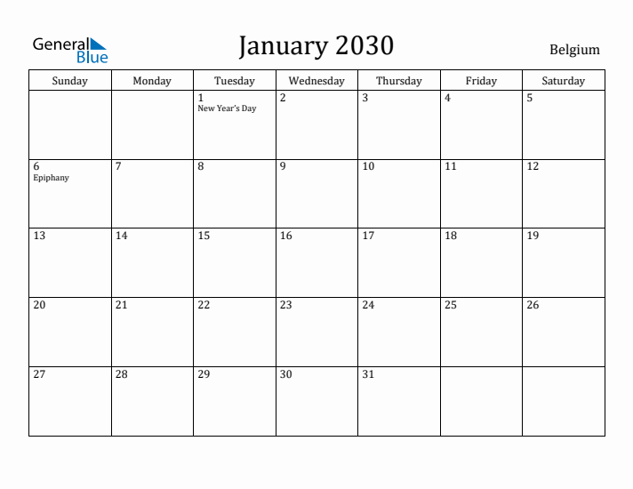 January 2030 Calendar Belgium