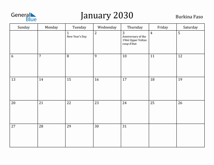 January 2030 Calendar Burkina Faso