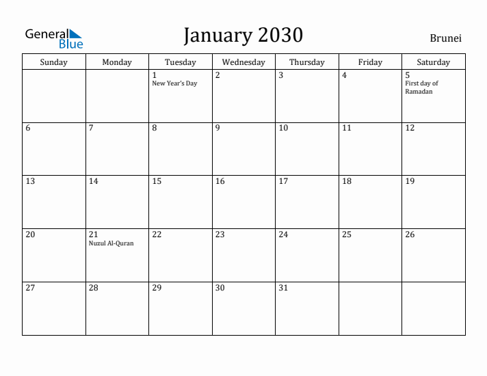 January 2030 Calendar Brunei