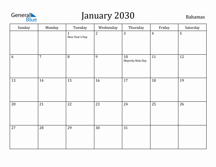January 2030 Calendar Bahamas