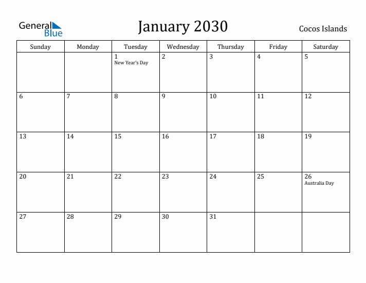 January 2030 Calendar Cocos Islands