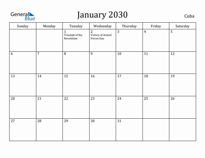 January 2030 Calendar Cuba