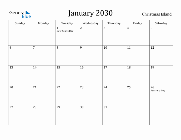 January 2030 Calendar Christmas Island