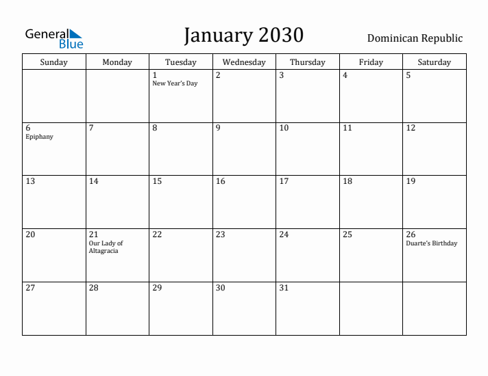 January 2030 Calendar Dominican Republic