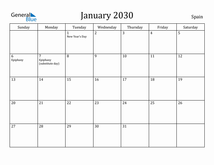 January 2030 Calendar Spain